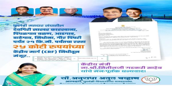 छ. संभाजीनगर - २१ कि.मी.चा रस्ता २५ कोटी रुपयांच्या केंद्रीय मार्ग निधीतून मंजूर