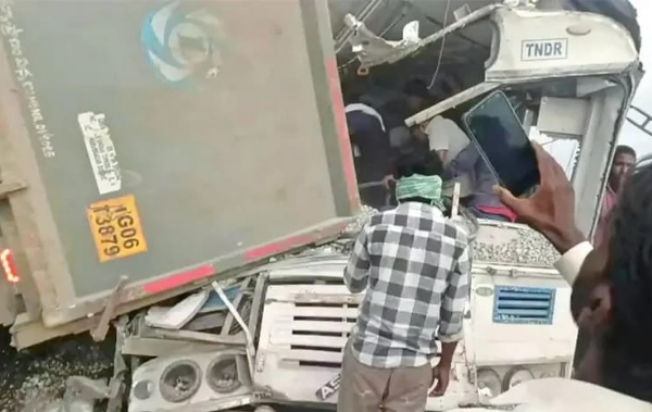 bus collides gravel laden truck telangana highway