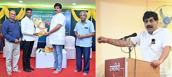 कऱ्हाडे ब्राह्मण संघाचा दर्पण पुरस्कार राजेंद्र बाईत यांना प्रदान करताना सुशील कुलकर्णी. सोबत माधव हिर्लेकर, डॉ.शरद प्रभुदेसाई, दुसऱ्या छायाचित्रात बोलताना सुशील कुलकर्णी