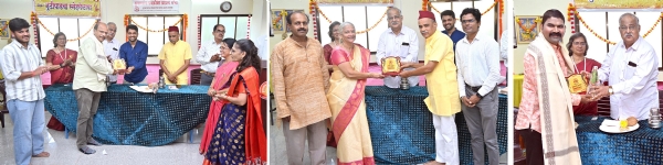 कुवारबाव ब्राह्मण पंचक्रोशी सभेच्या गुढीपाडवा मेळाव्यात पर्यावरण मित्र पुरस्कार ओमसाई मित्रमंडळाला प्रदान करताना पहिल्या छायाचित्रात, गोसेवा पुरस्कार सोमेश्वर शांतीपीठ विश्वमंगल गोशाळेला दुसऱ्या छायाचित्रात आणि समाजसेवा पुरस्कार विकास साखळकर यांना तिसऱ्या छायाचित्रात प्रदान करताना सीए केदार करंबेळकर, अध्यक्ष अनंत आगाशे, उपाध्यक्ष सौ. तेजा मुळ्ये, उपाध्यक्ष रवींद्र इनामदार आदी.