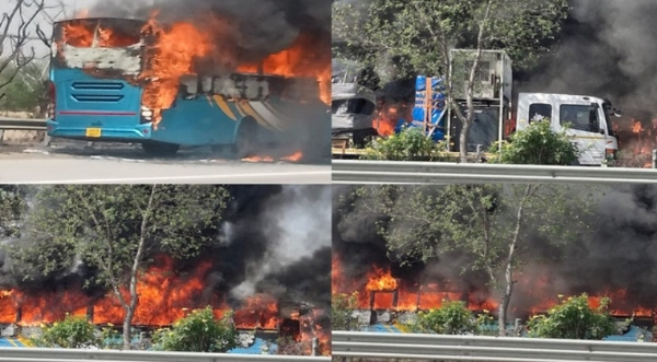 यमुना द्रुतगती मार्गावर धावत्या बसला आग