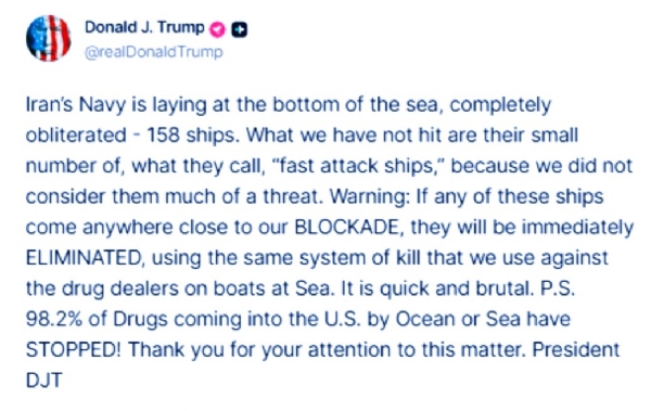 इराणची जहाजे नष्ट केल्याबाबत ट्रम्प यांनी केलेली पोस्ट इराणची जहाजे नष्ट केल्याबाबत ट्रम्प यांनी केलेली पोस्ट
