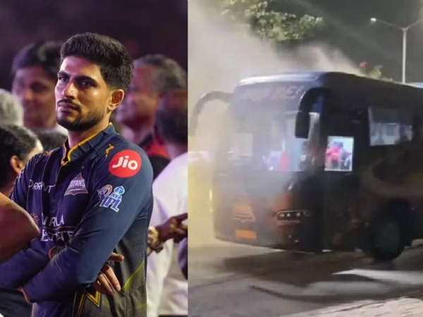 गुजरात टायटन्सच्या टीम बसमध्ये स्टेडियमवरून परतताना शॉर्ट सर्किट गुजरात टायटन्सच्या टीम बसमध्ये स्टेडियमवरून परतताना शॉर्ट सर्किट