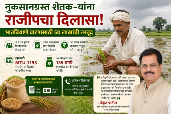 Relief for farmers affected by excessive rainfall; ₹50 lakh fund allocated for the distribution of paddy seeds at a 75% subsidy. Relief for farmers affected by excessive rainfall; ₹50 lakh fund allocated for the distribution of paddy seeds at a 75% subsidy.