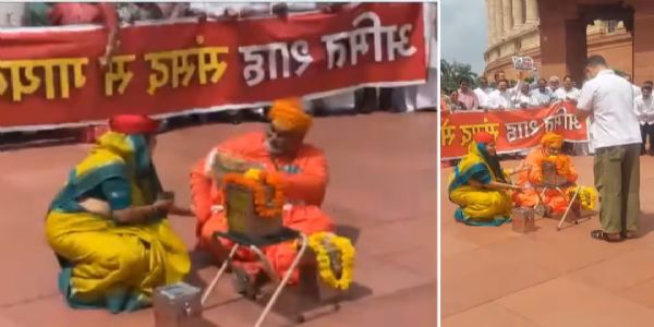 राम मंदिरातील कथित चोरीच्या निषेधार्थ विरोधकांचे संसद परिसरात आंदोलन; पप्पू यादव पुजाऱ्याच्या वेशात