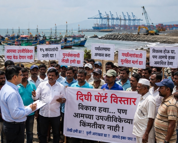Answer 15 questions before the decision on Dighi Port expansion; fishermen take an aggressive stance. Answer 15 questions before the decision on Dighi Port expansion; fishermen take an aggressive stance.