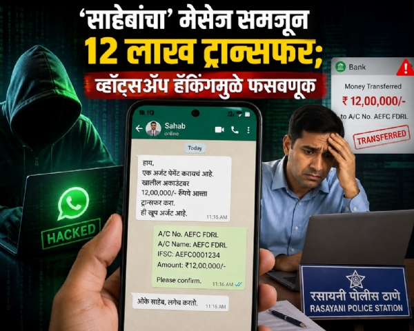 ₹12 lakh transferred after receiving message from ‘Saheb’; fraud due to WhatsApp hacking.