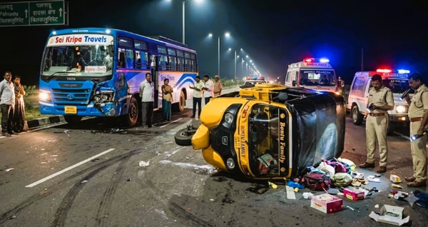 आंध्रप्रदेशच्या विजयवाडा येथील बस-आटो अपघातानंतरचे छायाचित्र