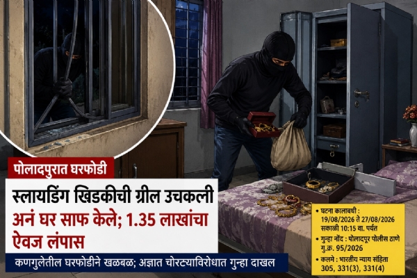 पोलादपुरात घरफोडी; १ लाख ३५ हजारांचा ऐवज लंपास पोलादपुरात घरफोडी; १ लाख ३५ हजारांचा ऐवज लंपास