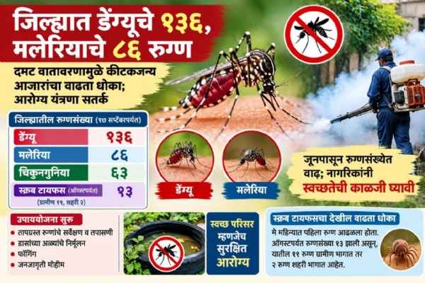 जिल्ह्यात डेंग्यूचे १३६, मलेरियाचे ८६ रुग्ण जिल्ह्यात डेंग्यूचे १३६, मलेरियाचे ८६ रुग्ण