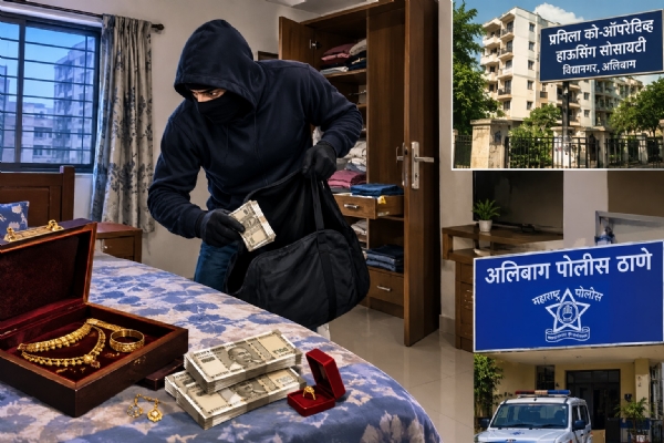 Burglary in Alibaug; Valuables worth ₹8.11 lakh stolen. Burglary in Alibaug; Valuables worth ₹8.11 lakh stolen.